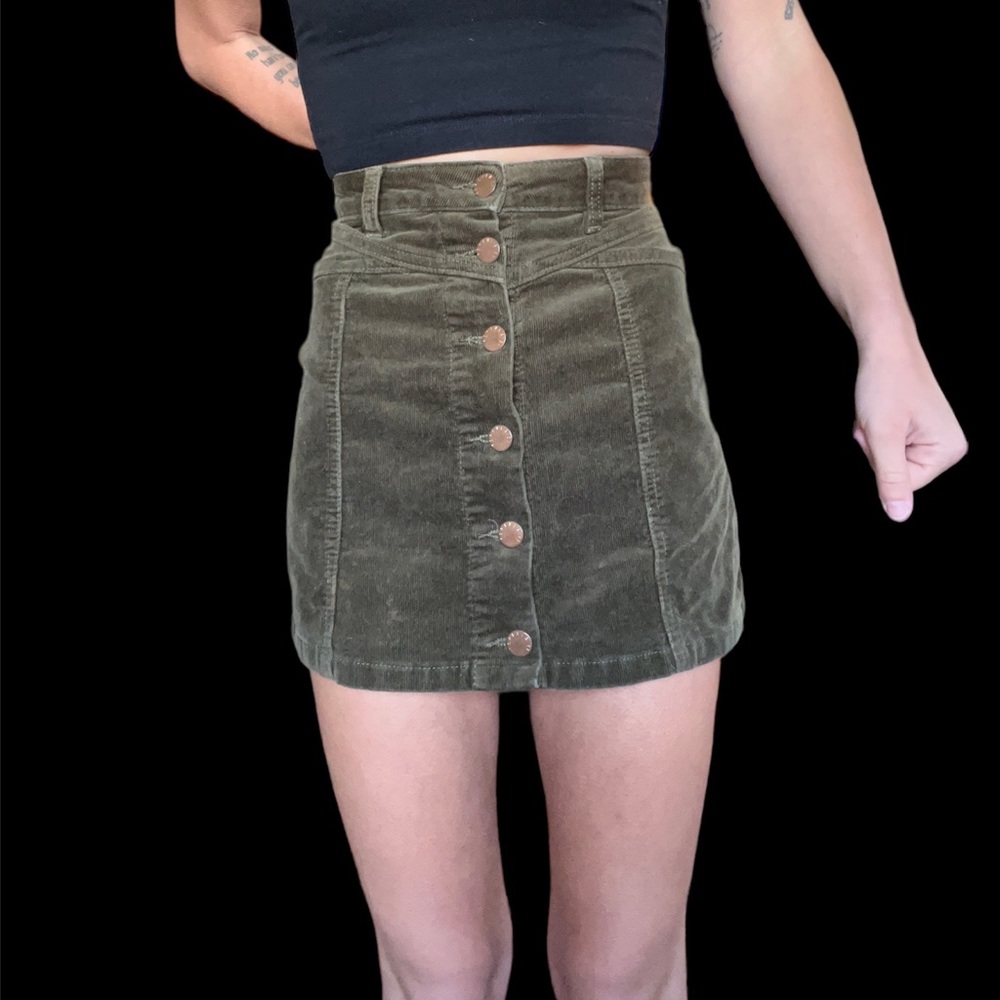Olive Green Velvet Button Up Skirt